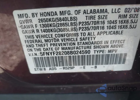 2008 Honda Pilot Vp из США, поврежденный, VIN 5FNYF28208B024590
